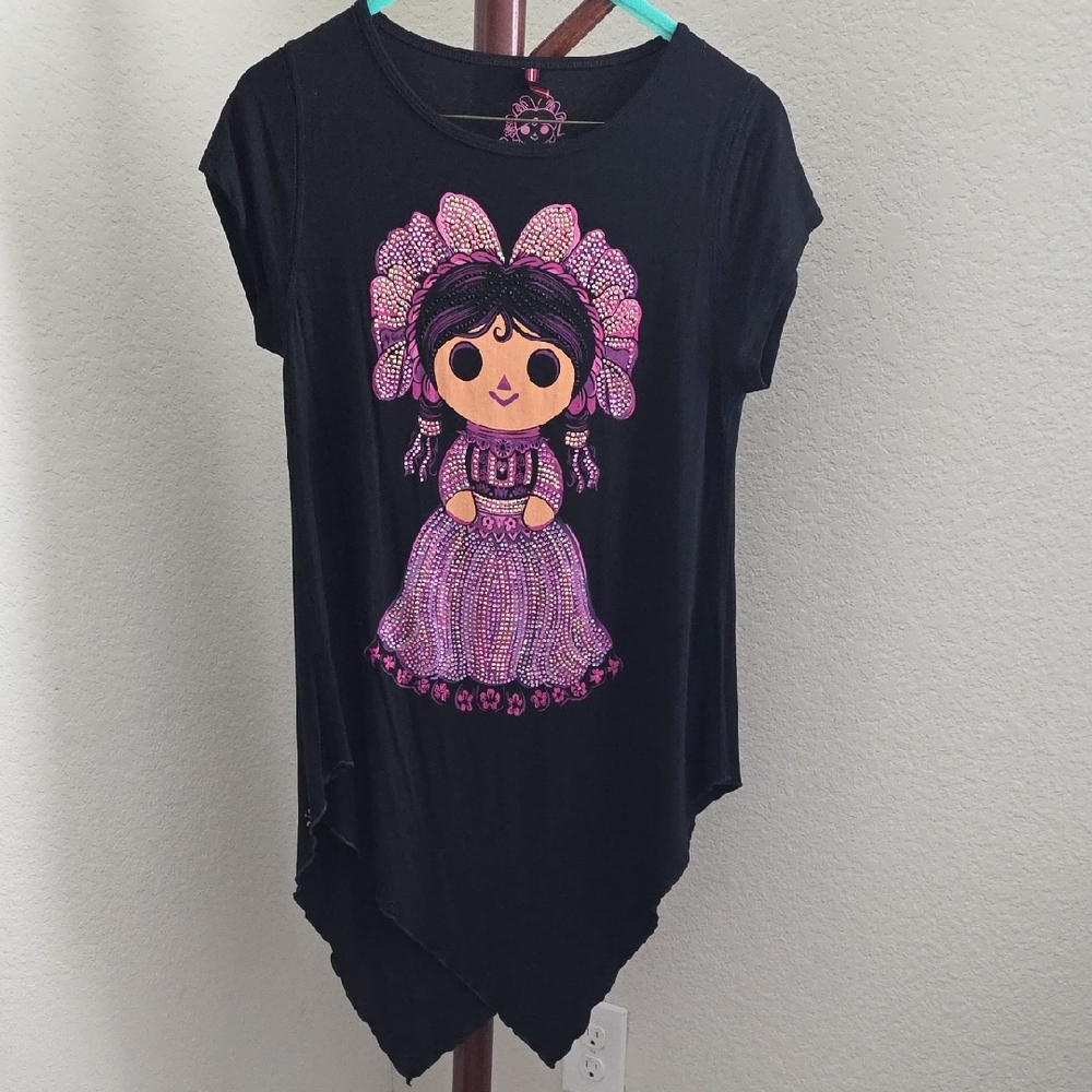 Ay Guey Black Tunic with Embellished Pink Doll Design